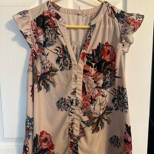 Floral Ruffle Cap-Sleeve Blouse - Beige with Red & Teal Floral- L